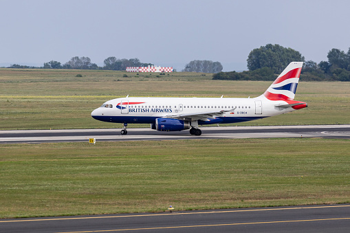 Hungary Budapest Aug. 19, 2023 : British Airway taxiing for a takeoff at Budapest international airport.