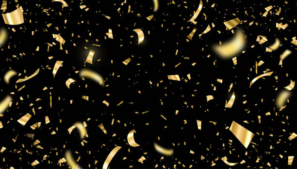 istock Gold confetti vector illustration. Falling bright golden festive tinsel on black background. Holiday, festival decoration. Flying shiny particles. Anniversary, birthday celebration, greeting design 1628965849