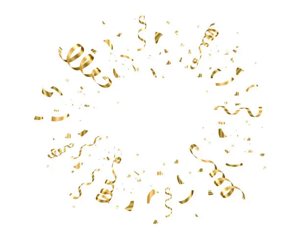 Vector illustration of Gold confetti, serpentine ribbons vector background, isolated on white backdrop. Explosion, burst. Copy space at the center. Festive illustration for holiday, birthday celebration design