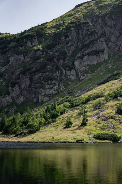 nature's refuge: serene mountain lake encircled by rocky peaks and trees - ridge mountain wilderness area poland imagens e fotografias de stock