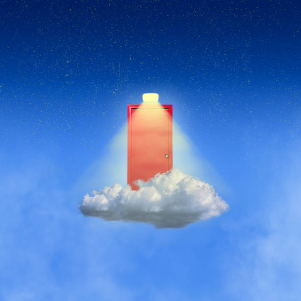 istock Conceptual design with door on cloud, light and new path. Secrets, new beginning. Contemporary art collage. 1628971443