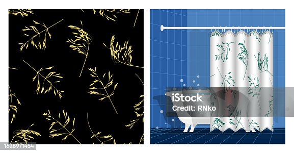 istock Bathroom interior with bathtub and curtain decorated cereal grass leaves silhouettes seamless pattern. Autumn field grass. Vector illustration, ornament for design of posters, printing on fabric 1628971454