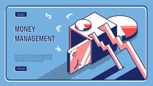 Vector illustration of Isometric landing page, Open bank vault with graphs and charts. Money management. Effective management of income and expenses of enterprise. Isometric vector linear banner top view