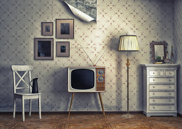 Retro old fashioned decor emphasised with peeling wallpaper stock photo