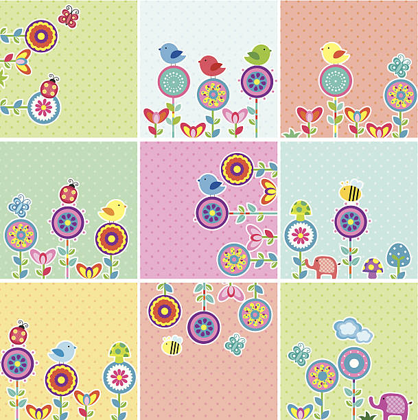 ilustrações de stock, clip art, desenhos animados e ícones de conjunto de cartões floral fofo jardim - flower ladybug frame single flower