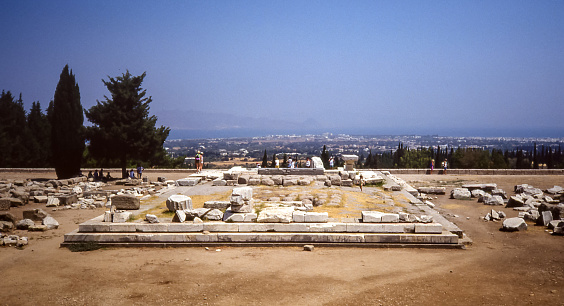 Kos Island, Greece - Aug 1990: view of the archaeological excavations of the Asclepieion, an ancient healing temple and medical school formerly attended by Hippocrates.