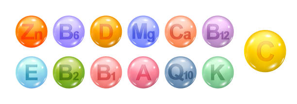 Vitamins and nourishment supplements for body health, realistic illustration collection. ZN zinc and CA calcium, MG magnesium and B12 elements for organism wellbeing. Isolated icons Vitamins and nourishment supplements for body health, realistic illustration collection. ZN zinc and CA calcium, MG magnesium and B12 elements for organism wellbeing. Isolated icons zinc stock illustrations