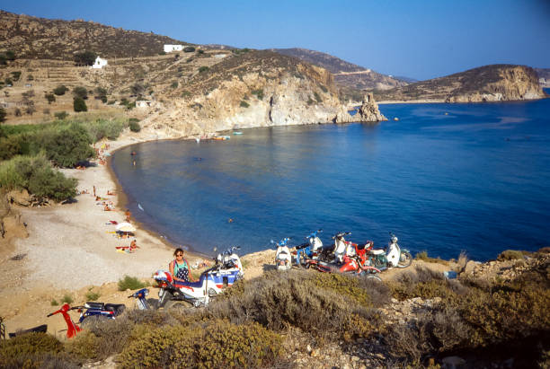 Leros Island, Greece - Aug 1990: top view of a beach in a cove on the island of Leros