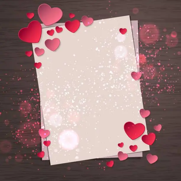 Vector illustration of Top view of paper sheet and pink paper hearts and bokeh on wood background concept. Empty and blank space for text. Holiday design, decor. Vector illustration.
