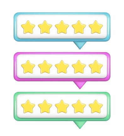 Realistic 3d notification tooltip UI with 5 golden stars. Customer 3d quality reviews, user rating, feedback score, glossy speech bubble icon. Vector illustration isolated on white background