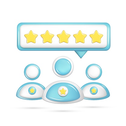 Realistic 3d people group, notification tooltip UI with 5 golden stars. Customer 3d quality reviews, user rating, feedback score, speech bubble icon. Vector illustration isolated on white background