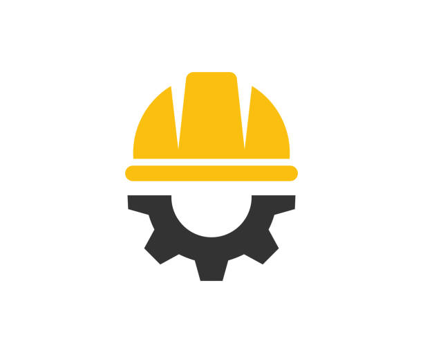 ilustrações, clipart, desenhos animados e ícones de capacete e equipamento. segurança e proteção, engenheiro. símbolos da construção, do trabalho e da engenharia. vestuário de trabalho, construção de capacete e design e ilustração de vetores de roda dentada. - hardhat helmet hat construction