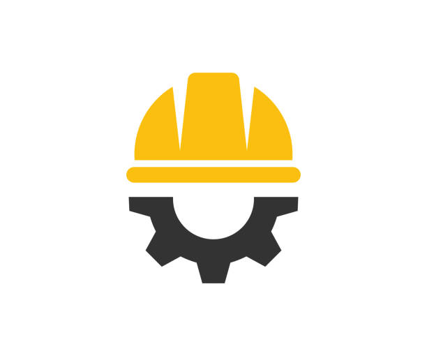 bildbanksillustrationer, clip art samt tecknat material och ikoner med helmet and gear. safety and protection, engineer. construction, labor and engineering symbols. workwear, helmet construction and cogwheel vector design and illustration. - akademikeryrke