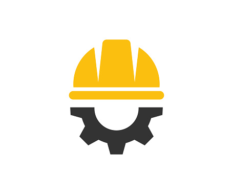 Helmet and gear. Safety and protection, engineer. Construction, labor and engineering symbols. Workwear, helmet construction and cogwheel vector design and illustration.