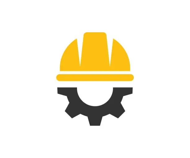 Vector illustration of Helmet and gear. Safety and protection, engineer. Construction, labor and engineering symbols. Workwear, helmet construction and cogwheel vector design and illustration.