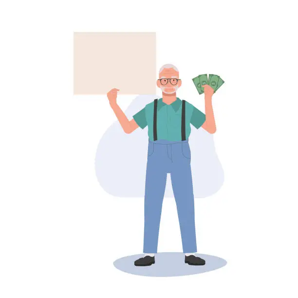 Vector illustration of Financial Concept. Full Length Senior man Illustration with Money Fan and Signboard. Flat vector cartoon illustration