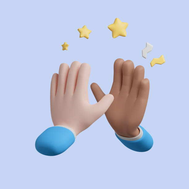 istock 3D Cartoon diversity two Hands giving a High Five. Teamwork concept. Character hand emoji. Business partners with successful deal. Gesture give five. icon clipping path. 3d render illustration. 1629013339