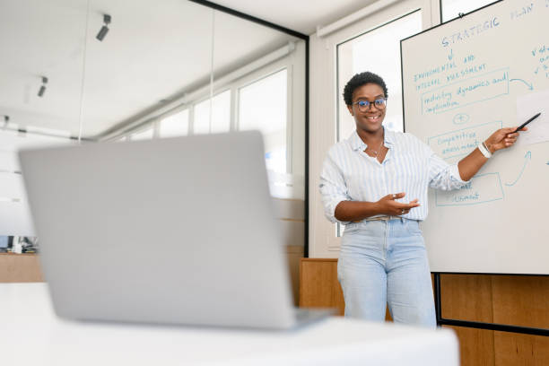 istock Confident young woman conducts webinar 1629024899