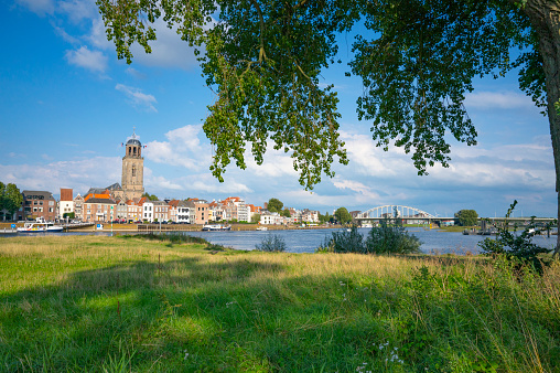 Deventer at the river IJssel with high water level after heavy rainfall