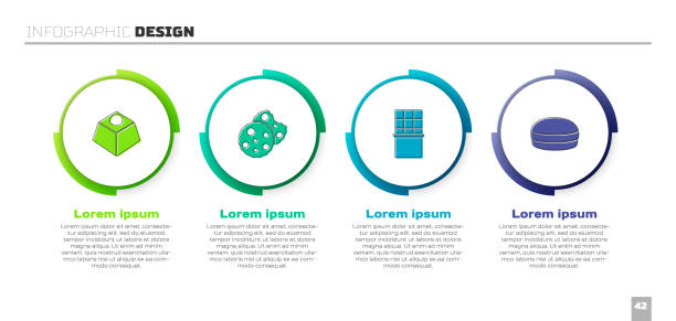 набор шоколадный торт брауни, печенье или бисквит, шоколадный батончик и макаронное печенье. шаблон бизнес-инфографики. вектор - dieting cookie food number stock illustrations