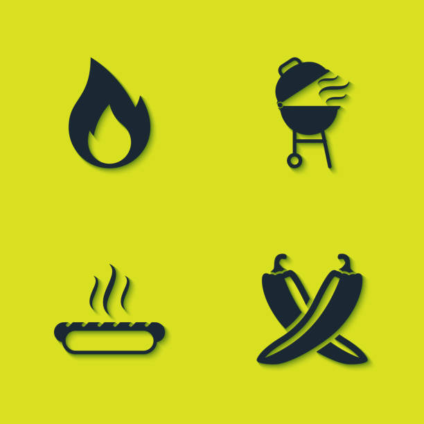 ilustraciones, imágenes clip art, dibujos animados e iconos de stock de set fire flame, crossed hot chili pepper pod, hotdog sandwich y barbecue grill icon. vector - party barbecue grill burning healthcare and medicine