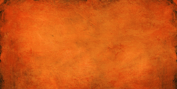 Ancient orange oil paint texture on old art canvas. Abstract Halloween and Thanksgiving invitation background design. Vintage empty parchment layout.