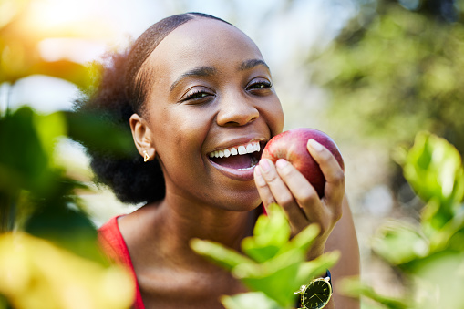 Apple, health and portrait of a black woman biting a fruit on a farm with fresh produce in summer and smile for wellness. Happy, nutrition and young female person on an organic diet for self care