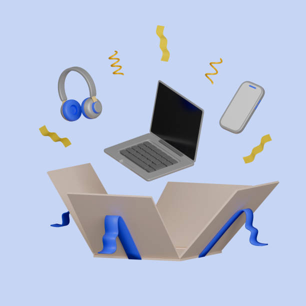 istock Concept of a present box opens up with gadget mobile phone, laptop and headphone. 3D Rendering illustration 1629048131