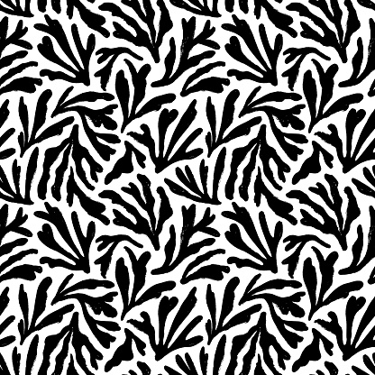 Contemporary Fauvist seamless pattern with corals. Brush drawn botanical organic shapes. Vector abstract modern floral pattern. Ornament with black thick organic branches in Fauvist style.