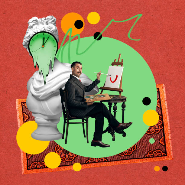 istock Handsome young man in image of famous painter making masterpiece. Abstract design. Contemporary art collage. 1629059396