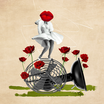 Young woman in elegant white dress standing near fan blowing. Famous actress pose for inspiration. Contemporary art collage. Concept of eras comparison, creativity, cinema, beauty, fashion
