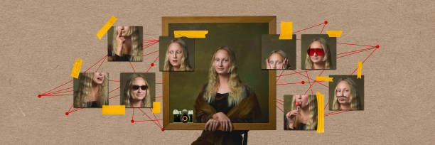 istock Beautiful female model as classic historical character in modern variation over pastel background. Contemporary art collage. 1629059421