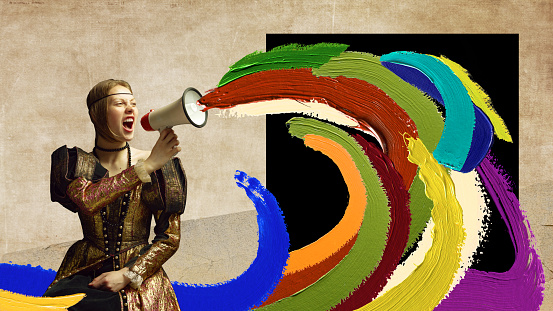 Pretty young girl, royal person in elegant vintage dress shouting in megaphone. Colorful splashes. Contemporary art collage. Concept of history, renaissance art, comparison of eras
