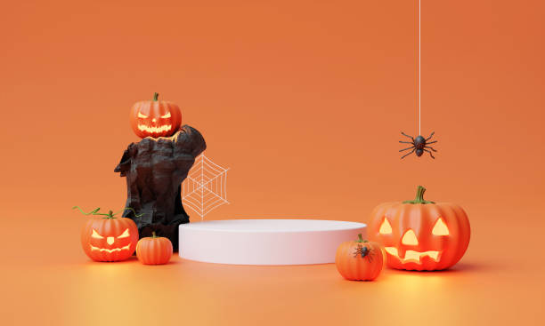 istock Halloween product display podium decorated with pumpkin jack O lantern. 3D rendering illustration 1629062604
