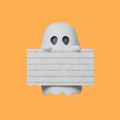3d Spooky little ghost holding paper banner with copy space. Marketing time banner template. 3d render illustration.