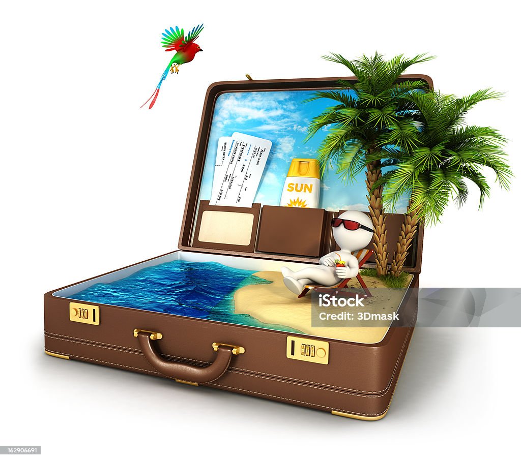 3d white people in a suitcase paradise 3d white people in a suitcase paradise, isolated white background, 3d image People Stock Photo