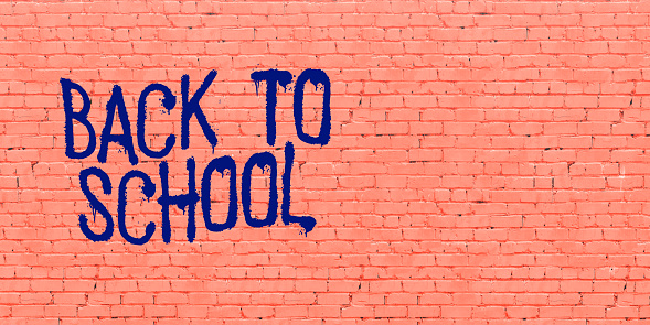 Schools opening concept: Back to School text on realistic 3D pink brick stone wall background with large copy space on illustration design composition for poster, banner, invitation, greeting card.