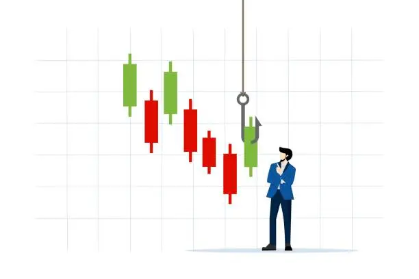 Vector illustration of concept of candlestick signals to buy or sell in crypto trading or stock market, analyze data, charts and graphs to make profit, businessman trader analyze green chart with fishing bait.