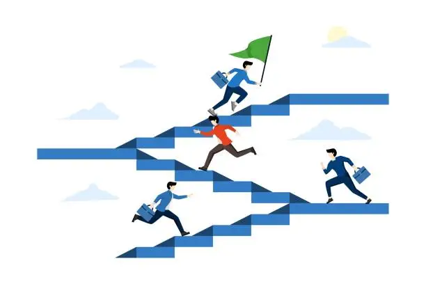 Vector illustration of career path or progress concept, growth ladder to success, job promotion or competition, aspiration or motivation to succeed, business people climbing ladder to next level all the way to the top.