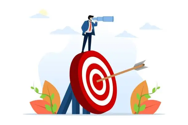 Vector illustration of New vision or challenge concept. New goal. Binoculars entrepreneur looking for a new goal. Business victory or target achievement. Champion looks for the next mission objective or target. vector.