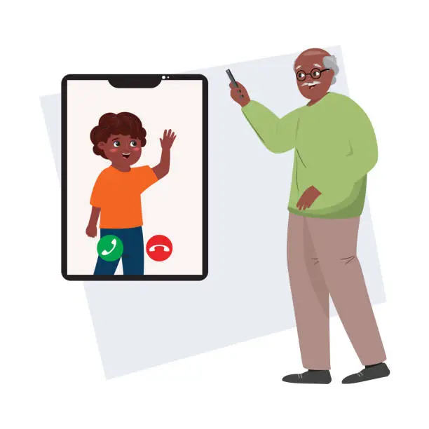 Vector illustration of Cartoon illustration of a happy black grandfather having a video call with his grandson. Happy family, multigenerational, multicultural, diversity, communication concept vector illustration