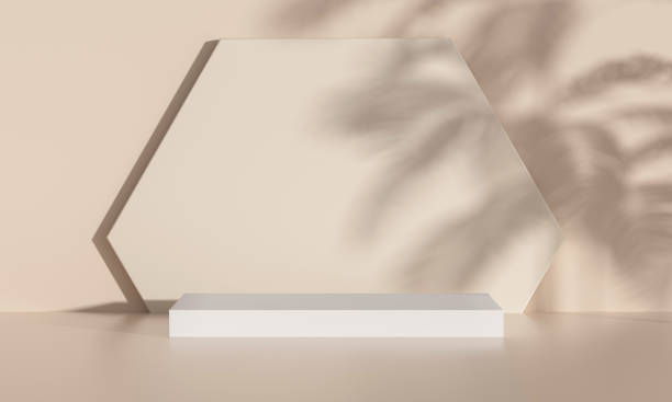 istock Hexagonal wall and pedestal podium with palm leaf shadow. 1629078930
