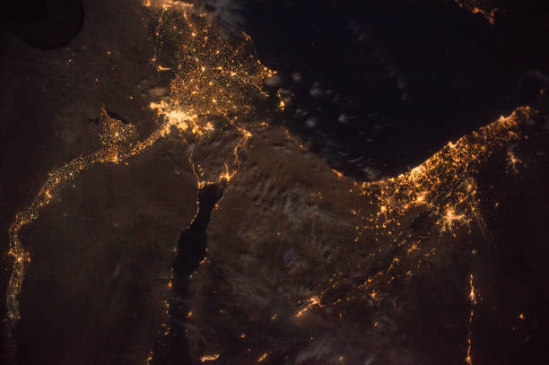 egypt, israel, jordan, lebanon  and mediterranean coast as seen from space at night - middle east map east globe imagens e fotografias de stock