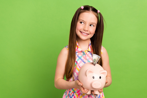 Photo of cute positive schoolkid arms hold money bank pig look empty space isolated on green color background.
