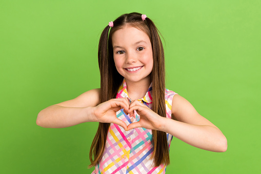 Photo of pretty cute friendly girl wear stylish dress hands showing gesture heart figure  isolated on green color background.