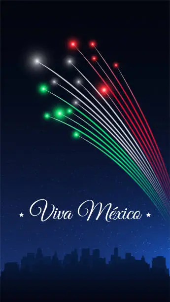 Vector illustration of Banner september 16 mexico independence day, mexican fireworks on dark sky background. Fireworks, flag. National holiday september 16th. Independence day card. Vector. Translation Long live Mexico