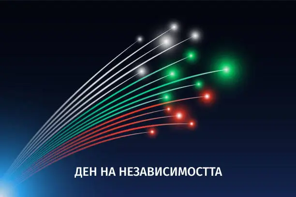 Vector illustration of September 22, bulgaria independence day, bulgarian colorful fireworks flag on blue night sky background. Greeting card. Bulgaria national holiday. Vector. Translation September 22nd, Independence Day