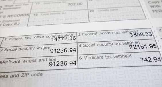 Closeup of a W2 form showing Social Security and Medicare deductions