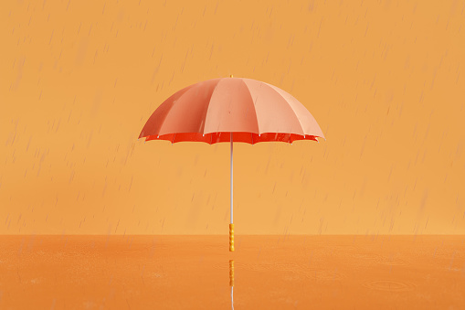 3d rendering of opened orange umbrella with yellow handle placed on empty reflecting surface to cover sunshine during autumn season in daylight against beige background