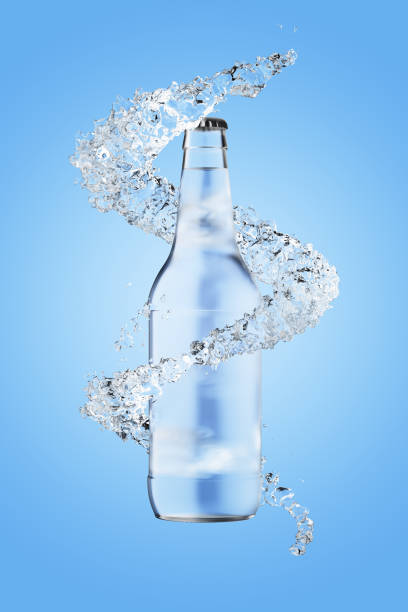istock Spray with water around a glass bottle. Glass bottle with water on a blue background. 3d render. 1629088209